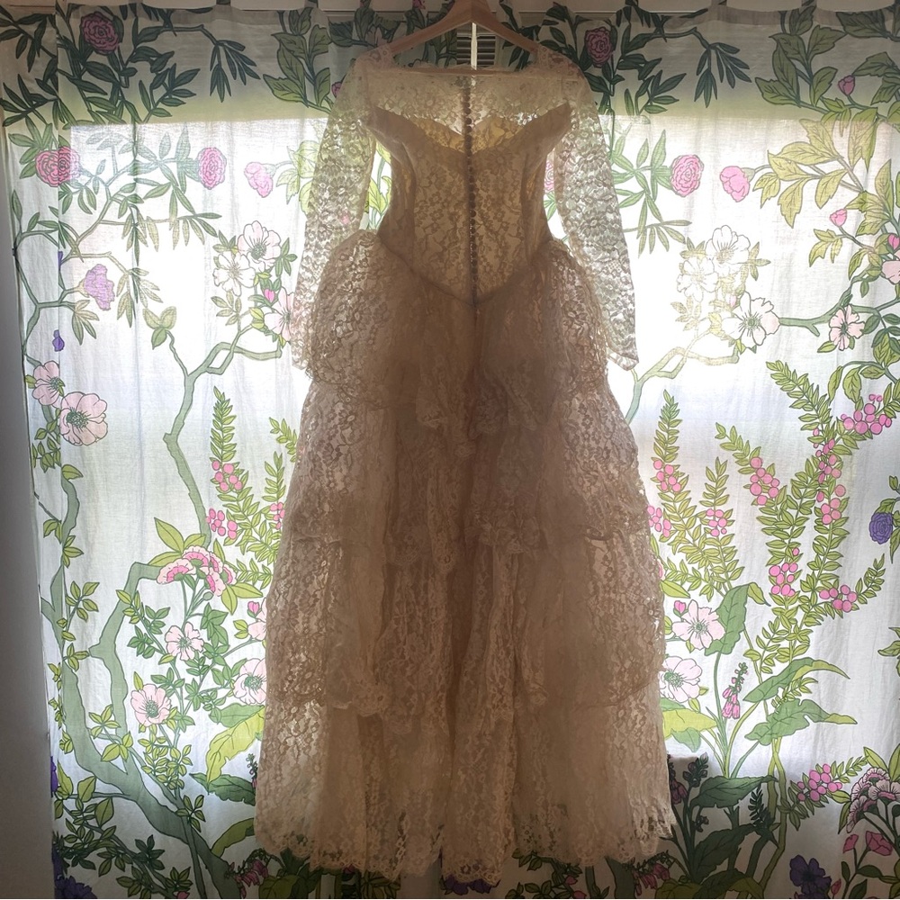 Vintage 40s/50s handmade tulle Fairy Ivory Lace Tiered Layered Wedding Dress XS - Picture 15 of 15
